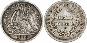 États-Unis - Half Dime 1839 O No Drapery, New Orleans.
A/ Liberté assise à droite.
R/ UNITED STATES OF AMERICA / HALF DIME,
Valeur dans une couronne.
...