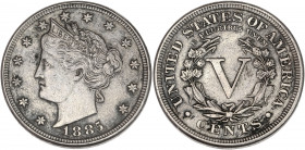 États-Unis - 5 cents 1885 Liberty.
A/ Tête de la Liberté à gauche.
R/ UNITED STATES OF AMERICA,
Valeur dans une couronne.
21mm - 4.9g - SUP - Monnaie ...