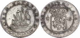 Indes néerlandaise - Argent - 1 gulden 1802.
A/ MO.ARG ORD FOED BELG HOL,
Écu au lion couronné, entouré de la légende.
R/ NDIAE BATAVORUM 1802. 
Navir...
