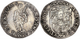 Italie - Reggio Emilia - Ercole II d'Este (1534-1559) - Argent - Guilio. 
A/ SVB HOC CL – YPEO TVTI,
Écu couronné d'Estense.
R/ S – CHRISANTVS M R'GIE...