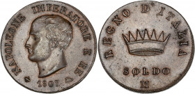 Italie - Milan - Napoléon I (1805-1814) - Bronze - Soldo 1807. 
A/ NAPOLEONE IMPERATPRE E RE,
Tête de Napoléon à gauche.
R/ REGNO D'ITALIA / SOLDO, 
C...