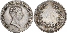 Italie - Toscane - Ferdinand III (1814-1824) - Argent - Lira 1821. 
A/ FERDINANDO III A D A GD DI TOSC
Tête à droite. 
R/ LIRA 
Couronne. 
21mm - 3.9g...