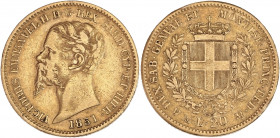 Italie - Savoie - Victor Emmanuel II (1849-1861) - Or - 20 Lire 1851.
A/ VICTORIVS EMMANVEL II D G REX SARD CYP ET HIER, 
Tête à gauche.
R/ DVX SAB. G...