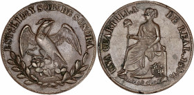 Mexique - Republique - Bronze- 1/4 Real 1859 - Sonora.
A/ ESTO. LIBE. Y SOBO. DE SONORA,
Aigle de face.
R/ UNA CUARTILLA DE REAL 1859,
Personnage assi...