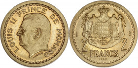 Monaco - Louis II - Bronze aluminium - Essai de 2 Francs 1943.
A/ LOUIS II PRINCE DE MONACO,
tête à gauche.
R/ 2 Francs,
Armes de Monaco. 
27mm - 8g -...