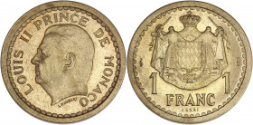 Monaco - Louis II - Bronze aluminium - Essai de 1 Franc 1943.
A/ LOUIS II PRINCE DE MONACO,
tête à gauche. 
R/ 1 Franc,
Armes de Monaco. 
23mm - 3g - ...