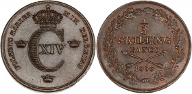 Suède - Charles XIV - Cuivre - 1/3 Skilling 1836.
A/ FOLKETS KÄRLEK MIN BELÖNING,
monogramme couronné de Charles XIV, entouré de trois couronnes.
R/ 1...