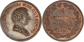 Sweden - Charles XIV - Bronze - 1 Skilling Banco 1840.
A/ CARL XIV SVERIGES NORR. G. O. V. KONUNG, 
Buste de Charles XIV à droite. 
R/ 2/3 SKILLING BA...