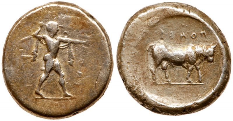 Lucania, Poseidonia. Ca 470-455 BC. Silver Nomos (7.97 g). Bearded Poseidon, nak...