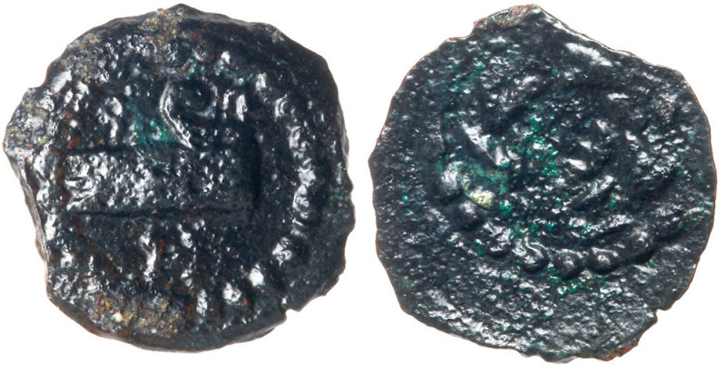 Herod Archelaus, 4 BCE to 39 CE. AE half-Prutah (13 mm; 1.19 g). HPW; prow of ga...