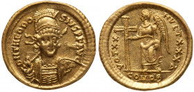 Theodosius II, AD 402-450. Gold Solidus (4.36g). EF
