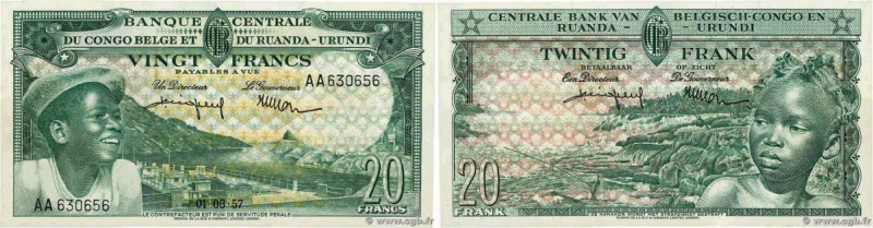 Country : BELGIAN CONGO 
Face Value : 20 Francs  
Date : 01 août 1957 
Period/Pr...
