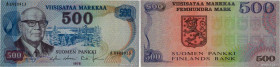 Country : FINLAND 
Face Value : 500 Markkaa  
Date : 1975 
Period/Province/Bank : Suomen Pankki 
Catalogue reference : P.110b 
Alphabet - signatures -...