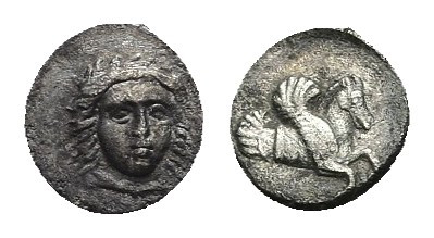 CILICIA. Uncertain. Hemiobol (4th century BC).
Obv: Head of Athena facing bust....