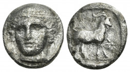 THRACE. Ainos. AR Tetradrachm. Circa 374-371 BC.
Obv: Head of Hermes facing slightly left, wearing petasos.
Rev: Goat standing right; AINION above, ...