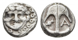 THRACE. Apollonia Pontika. Drachm (Late 5th-4th centuries BC).
Obv: Upright anchor; crayfish to left, A to right.
Rev: Facing gorgoneion.
SNG Bulga...