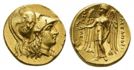 KINGS OF MACEDON. Alexander III 'the Great' (336-323 BC). GOLD Stater. Susa.
Obv: Head of Athena right, hair flowing loose, upswept at temple, wearin...