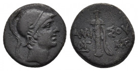 PONTOS. Amisos. Ae (Circa 111-105 or 95-90 BC). Struck under Mithradates VI Eupator.
Obv: Helmeted head of Ares right.
Rev: AMI - ΣOV.
Sword in she...