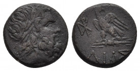 BITHYNIA. Dia. Ae (Circa 95-90 or 80-70 BC). Struck under Mithradates VI Eupator.
Obv: Laureate head of Zeus right.
Rev: ΔΙΑΣ.
Eagle, with head rig...