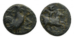 TROAS. Dardanos. Ae (Circa 4th century BC).
Obv: Warrior, wearing cape and petasos, riding horse right.
Rev: ΔΑΡ.
Cock standing right; grain ear to...