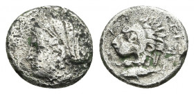 MYSIA. Kyzikos. Drachm (Circa 390-341/0 BC).
Obv: Head of Kore Soteira left, with hair in sphendone.
Rev: KYZI.
Head of lion left; below, tunny lef...