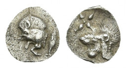 MYSIA. Kyzikos. Hemiobol (Circa 450-400 BC).
Obv: Forepart of boar left; to right, tunny upward.
Rev: Head of roaring lion left; star to upper left;...
