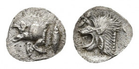 MYSIA. Kyzikos. Hemiobol (Circa 450-400 BC).
Obv: Forepart of boar left; to right, tunny upward.
Rev: Head of roaring lion left; star to upper left;...