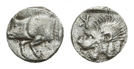 MYSIA. Kyzikos. Obol (Circa 450-400 BC).
Obv: Forepart of boar left; tunny to right.
Rev: Head of roaring lion left; retrograde K in upper left fiel...