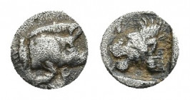 MYSIA. Kyzikos. Hemiobol (450-400 BC).
Obv: Forepart of boar right, tunny behind.
Rev: Head of lion left; retrograde K to upper left; all within inc...