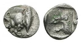 MYSIA. Kyzikos. Obol (Circa 450-400 BC).
Obv: Forepart of boar left; to right, tunny upward.
Rev: Head of roaring lion left within incuse square.
S...