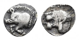 MYSIA. Kyzikos. Obol (Circa 450-400 BC).
Obv: Forepart of boar left, E (retrograde) on shoulder, tunny behind.
Rev: Head of roaring lion left.
SNG ...