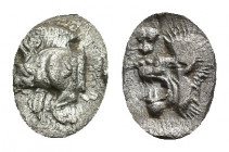 MYSIA. Kyzikos. Hemiobol (Circa 450-400 BC).
Obv: Forepart of boar left; retrograde K on shoulder; to right, tunny upward.
Rev: Head of lion left; t...