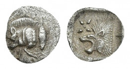 MYSIA. Kyzikos. Hemiobol (Circa 450-400 BC).
Obv: Forepart of boar left; to right, tunny upward.
Rev: Head of lion left; star to upper left; all wit...