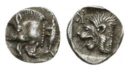 MYSIA. Kyzikos. Obol (Circa 450-400 BC).
Obv: Forepart of boar left; tunny to right.
Rev: Head of roaring lion left; retrograde K in upper left fiel...