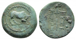 MYSIA. Kyzikos. Ae (2nd-1st centuries BC).
Obv: Bull butting right.
Rev: KVZI / KHNΩN.
Torch; monogram to upper right.
SNG BN 489-99 var. (monogra...