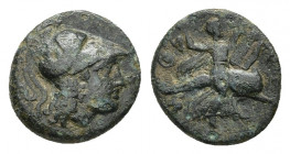 Asia Minor Uncertain or LESBOS, methymna ? c. 4th-3rd century BC. Ae. Obv: Helmeted head of Athena.
Rev: Arion ride dolphin r., holding lyre.
Franke...