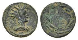 PHRYGIA. Peltae. Pseudo-autonomous. Time of the Antonines (138-192). Ae.
Obv: Radiate and draped bust of Helios right.
Rev: ΠΕΛ / TH / NΩΝ.
Legend ...