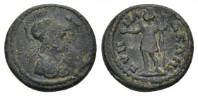 PHRYGIA. Synnada. Pseudo-autonomous issue AD 198-217..
Obv: Draped and helmeted head of Athena right.
Rev: CYNNADEWN.
Men standing left, holding pa...