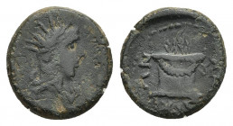 PHRYGIA. Eumeneia. Ae (2nd-1st centuries BC).
Obv: Turreted and draped bust of Tyche right.
Rev: EY - ME / NE - ΩN.
Fire altar, with three legs and...