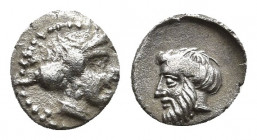 CILICIA. Nagidos. Obol (4th century BC).
Obv: Head of Dionysos left.
Rev: Head of Aphrodite right.
Klein 670 var. (head of Dionysos right).
Condit...