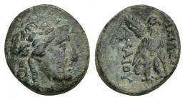 SELEUKID KINGDOM. Achaios (Usurper, 220-214 BC). Ae. Sardes.
Obv: Laureate head of Apollo right.
Rev: BAΣIΛEΩΣ / AXAIOY.
Eagle standing right, with...