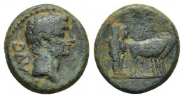 MACEDON. Uncertain (Philippi?). Augustus (27 BC-14 AD). Ae.
Obv: AVG.
Bare head right.
Rev: Two founders driving yoke of oxen right, plowing pomeri...