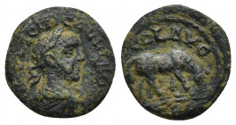 TROAS. Alexandria. Gallienus (253-268). Ae.
Obv: IMP LICIN GALLIEN.
Laureate, draped and cuirassed bust right.
Rev: COL AV[...] / TRO.
Horse grazi...