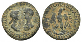 PHRYGIA. Apameia. Nero with Agrippina II (54-68). Ae. Marios Kordos, magistrate.
Obv: NEPΩN KAIΣAP ΣEBAΣTOΣ AΓPIΠΠINA ΣEBAΣTH.
Draped bust of Agripp...