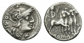 Q. CAECILIUS METELLUS. Denarius (130 BC). Rome.
Obv: Q METE.
Helmeted head of Roma right; mark of value to lower right.
Rev: ROMA.
Jupiter, holdin...
