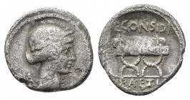 C. CONSIDIUS PAETUS. Denarius (46 BC). Rome.
Obv: Laureate head of Apollo right; A behind.
Rev: C CONSIDI.
Wreath on gerlanded curule chair.
Crawf...