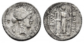 P. CLODIUS M.F. TURRINUS. Denarius (42 BC). Rome.
Obv: Laureate head of Apollo right; lyre to left.
Rev: P CLODIVS / M F.
Diana standing right, hol...