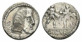 L. TITURIUS L. F. SABINUS. Denarius (89 BC). Rome.
Obv: SABIN.
Bareheaded and bearded head of King Tatius right; palm frond to lower right.
Rev: L ...