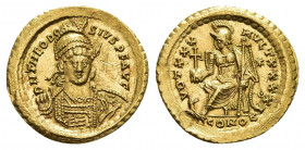 THEODOSIUS II (402-450). GOLD Solidus. Constantinople.
Obv: D N THEODOSIVS P F AVG.
Helmeted and cuirassed bust facing slightly right, holding spear...