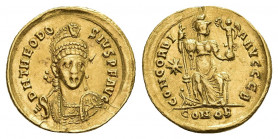 THEODOSIUS I (379-395). GOLD Solidus. Constantinople.
Obv: D N THEODOSIVS P F AVG.
Diademed, helmeted and cuirassed bust facing slightly right, hold...